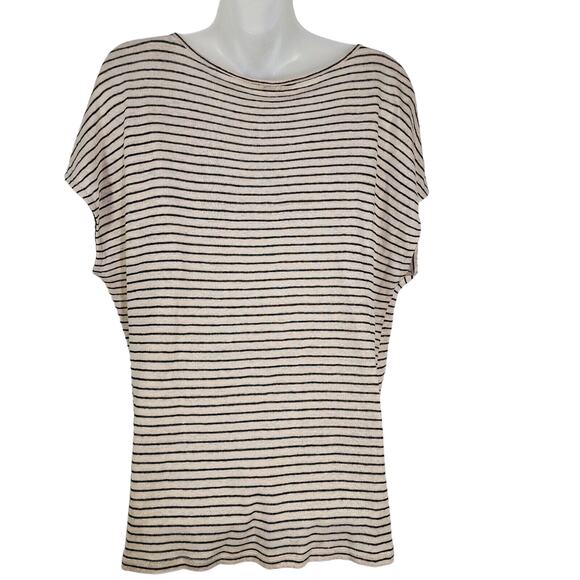 Lucky Brand Tee Womens Large Linen V Neck Top Natural Stripe Split Button Sleeve - Picture 2 of 10